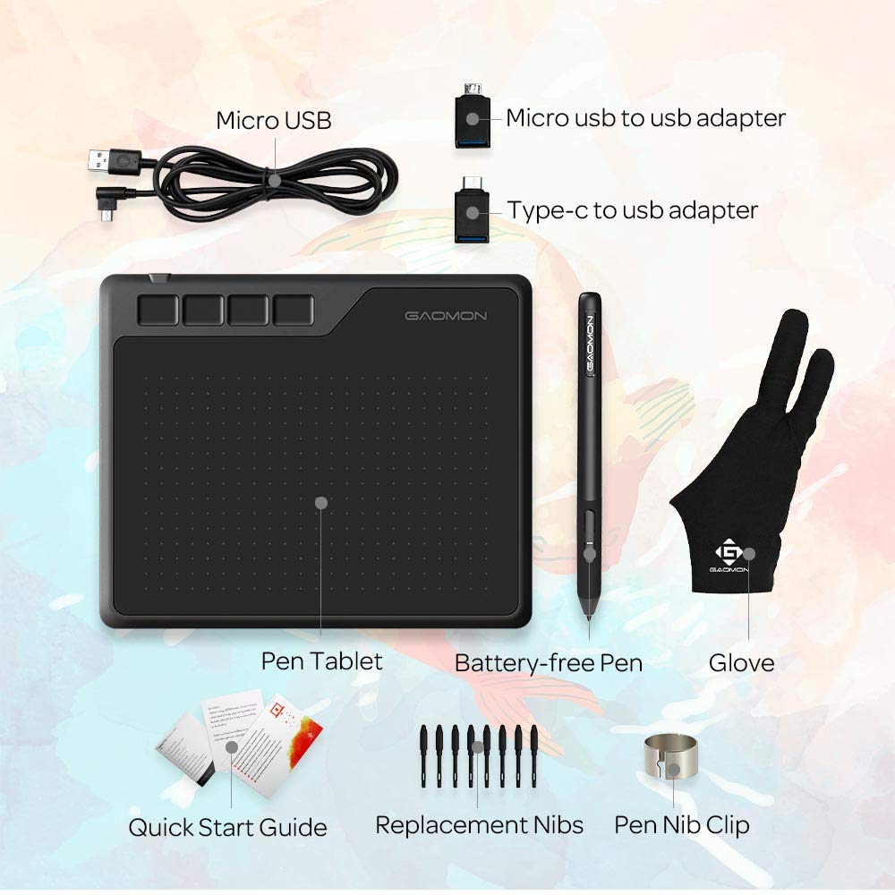 GAOMON S620 - Tablet con penna da 16,5 x 10,2 cm, 8192 livelli di pressione grafica, con 4 tasti Express e penna senza batterie per disegnare e giocare OSU- con guanti da dito extra e 8 pennini
