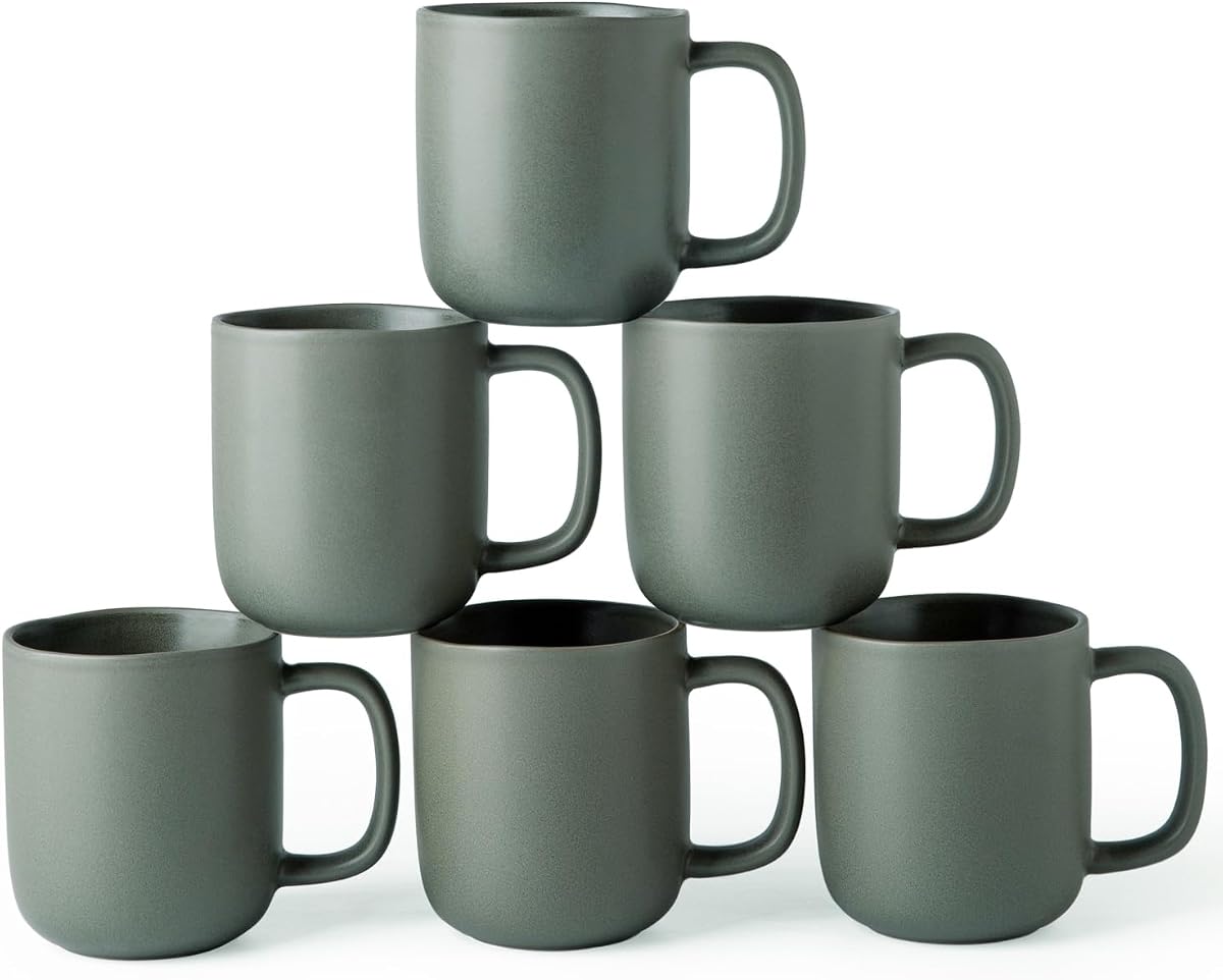 14oz Coffee Mugs Set of 6, Ceramic Coffee Mugs with Large Handle & Wavy Rim for Latte/Hot Cocoa/Tea, Stylish Coffee Mugs for Men Women. Oven,Dishwasher&Microwave Safe, Reactive Glaze