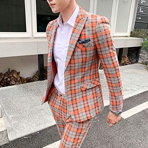 MOGU Mens Three Piece Slim Fit Plaid Suit Blazer Jacket+Vest+Pants3
