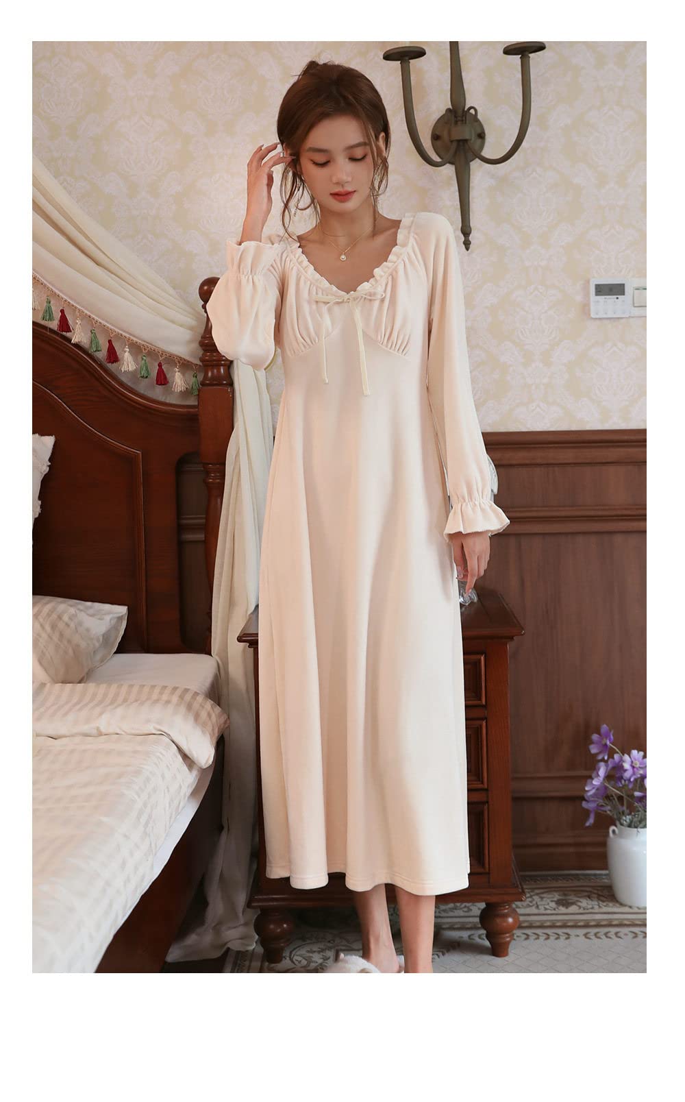Nachthemd Damen,Damen-Nachthemden Beige, Dicker Rundhalsausschnitt, Gekräuselte Schleife, Elegantes Schlafhemd, Weiches, Bequemes, Langärmliges Nachthemd, Loungewear Für Damen, Mädchen, Pyjama-P