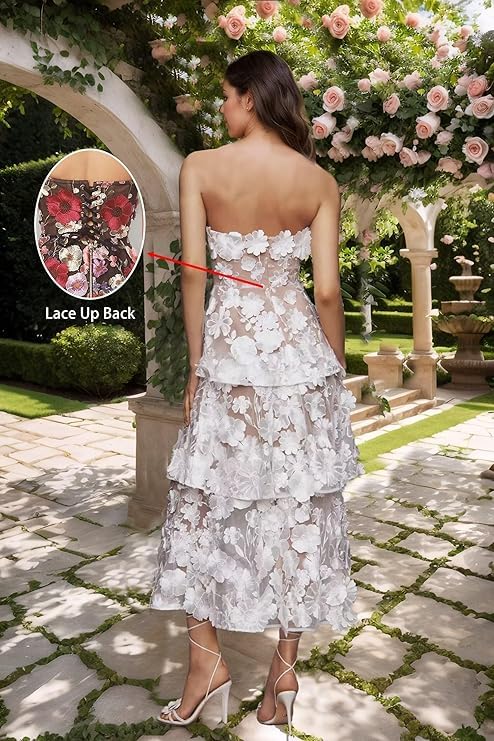 3D Floral Embroidery Prom Dresses Strapless Ruffle Tiered Midi Formal Party Gowns Tea Length Wedding Guest Dress3