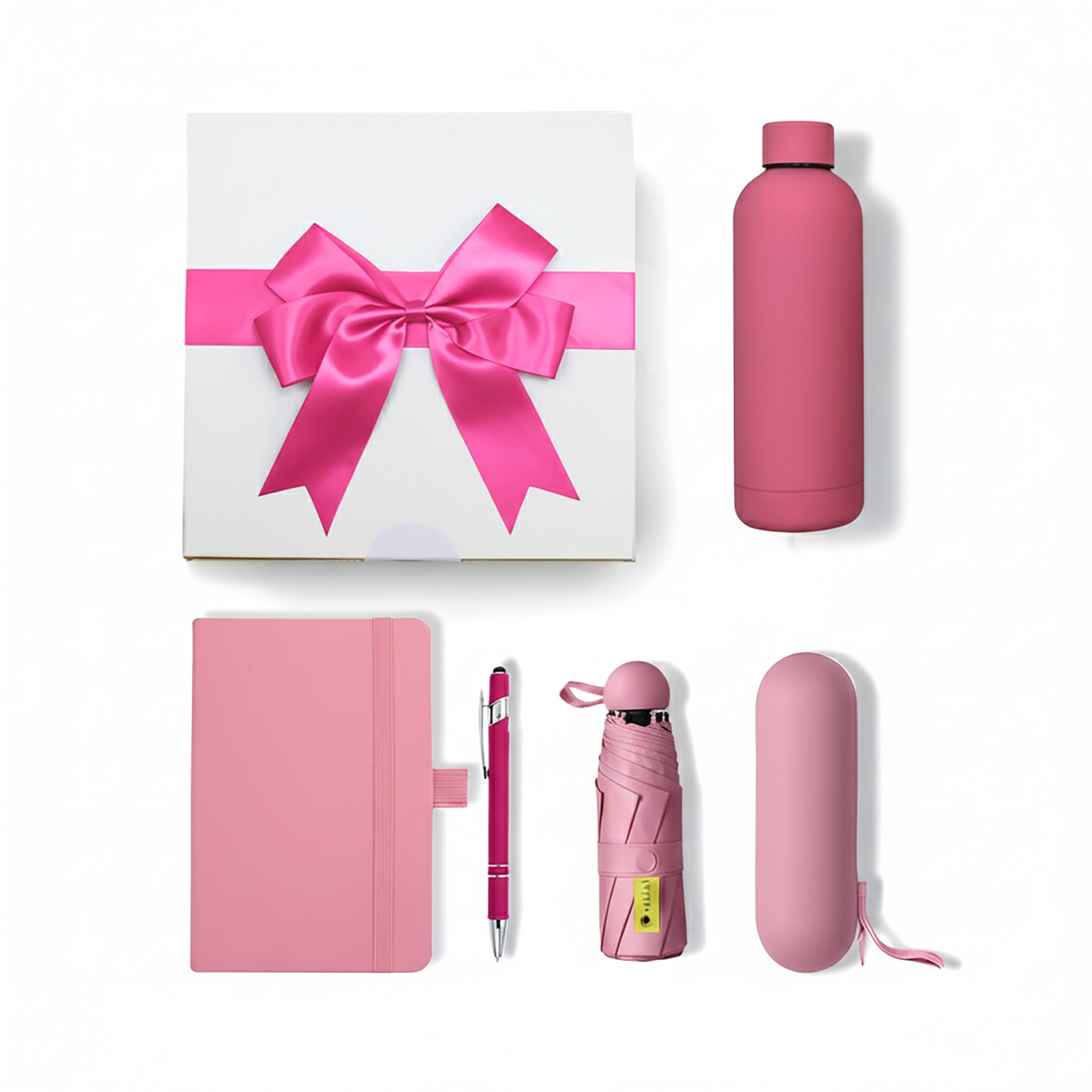 Vivid-it Gift Set for Women & Men | 4-in-1, A5 Notebook with Pen (Touch Stylus Tip), Umbrella and 500ml Stainless Steel Thermal Bottle | Corporate Gift Set | Gift Box with a Ribbon Bow (Pink)