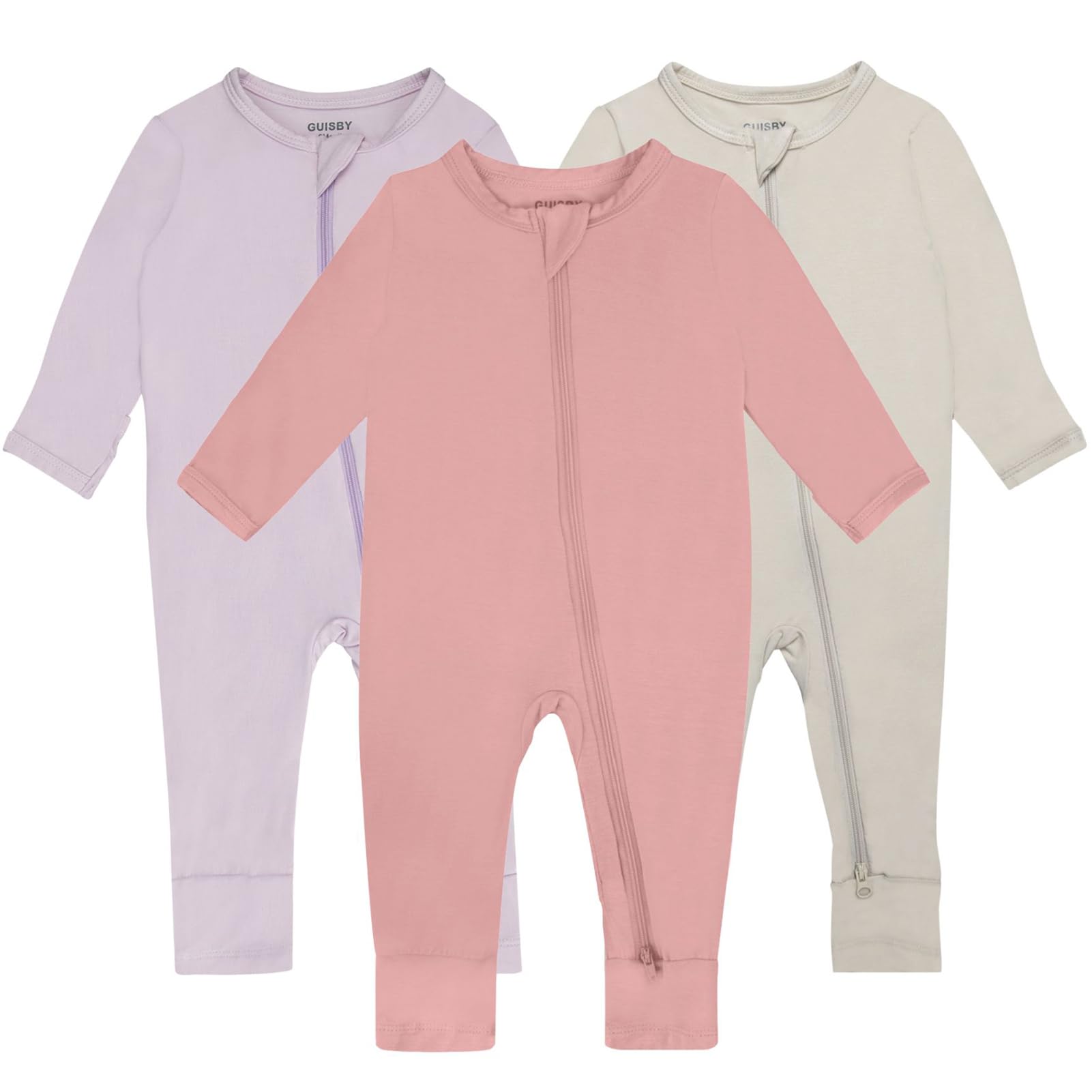 GUISBY Baby Pajamas with Mitten Cuffs - 3Pcs Girls Boys 2 Way Zipper Long Sleeve Rayon Sleepers
