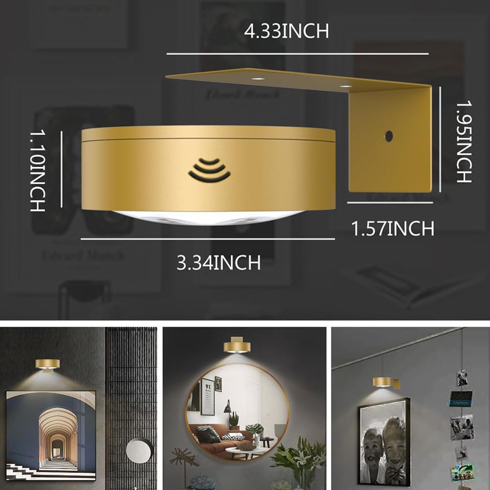 3 Unidades de Iluminación LED para Cuadros, Batería Inalámbrica, Luz para Cuadros, Funciona con Batería, Mando a Distancia, Regulable, Lámpara de Pared, Sin Conexión Eléctrica, Funciona,Oro