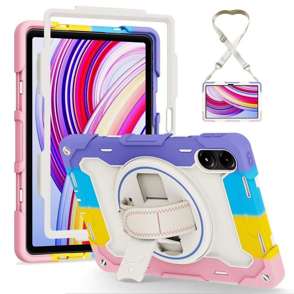 Generic etui kompatybilne z Samsung Galaxy Tab A9 8,7 SM-X110 X115 X117 (kolor: kolorowy różowy) odporny na wstrząsy przód tył pełny twardy tył silikonowe etui z długim paskiem