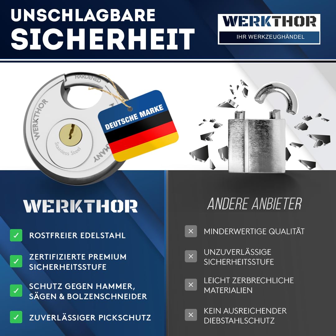 WERKTHOR Anhängerschloss - Test SEHR GUT Kastenschloss Anhänger - Anhänger Diebstahlschutz Angekoppelte & Abgekoppelte -Edelstahl Anhänger Schloss - Schloss für Anhänger - Schlüsselschloss