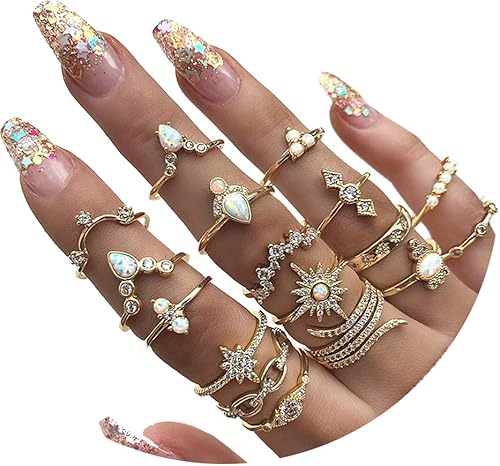 FUTIMELY Juego de 17 anillos apilables de nudillos de cristal bohemios, dorados, vintage, apilables, para mujer
