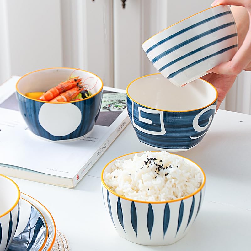 Image of Beyond Homes Ceramic Bowl Set of 4, 4.25 Inch | Dishwasher & Microwave Safe Bowl Set for Snacks, Rice, Dal, Fruits, Salad | Printed Ceramic Serving Bowls Set | Elegant White & Blue (350 ml)