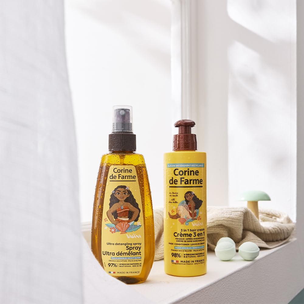 Corine de Farme - Spray Ultra Desenredante Disney Vaiana - Cuidado para Niños - Sin Enjuague - Formulación Clean Beauty, Elaborado en Francia - Perfume Coco
