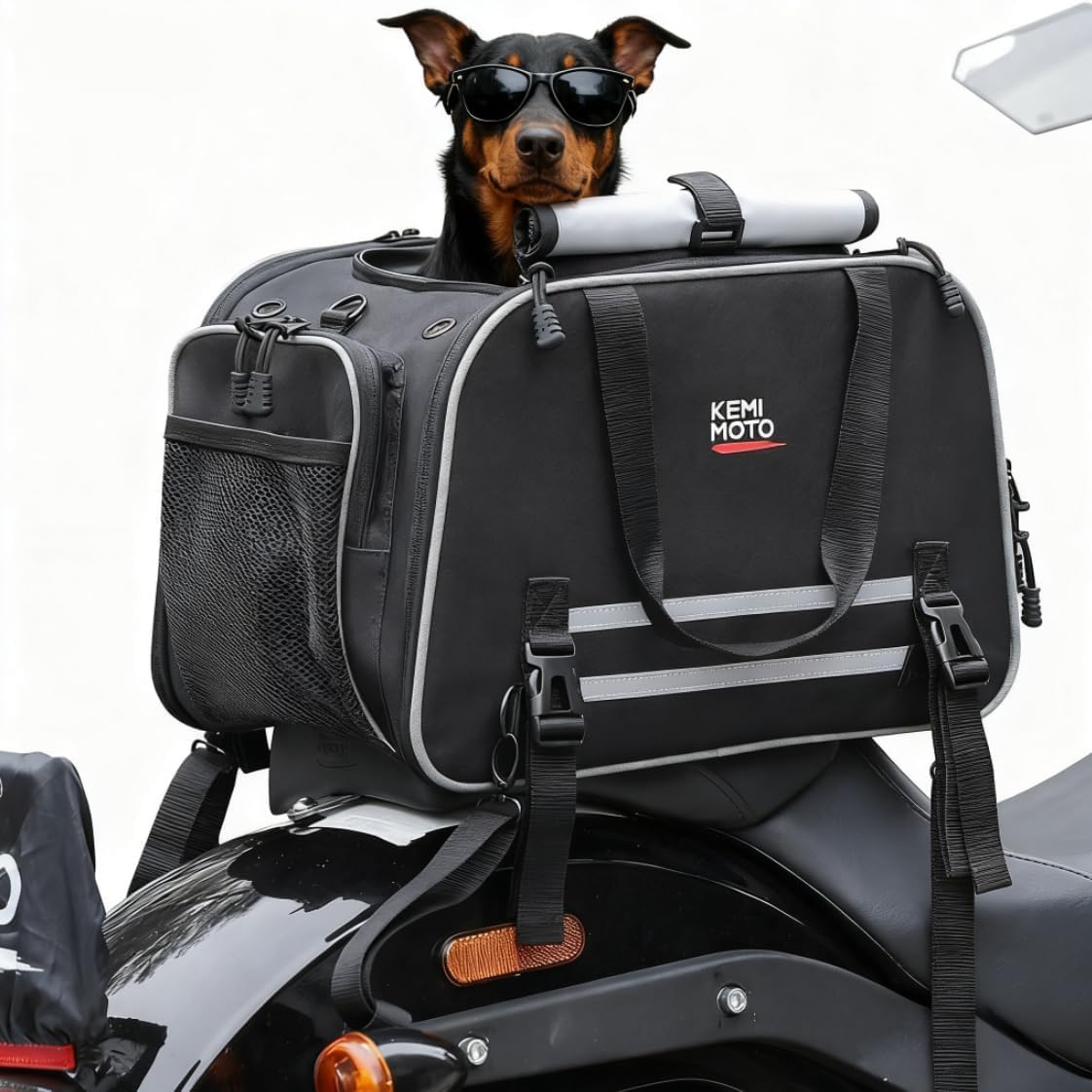 KEMIMOTO Borsa Moto per Animali, Borsa da Trasporto Moto Espandibile per Cani e Gatti di Piccola Taglia Max 7,5 kg, Gabbietta per Animali Domestici Pieghevole 46x28x28 cm per Motos Cruiser e Touring
