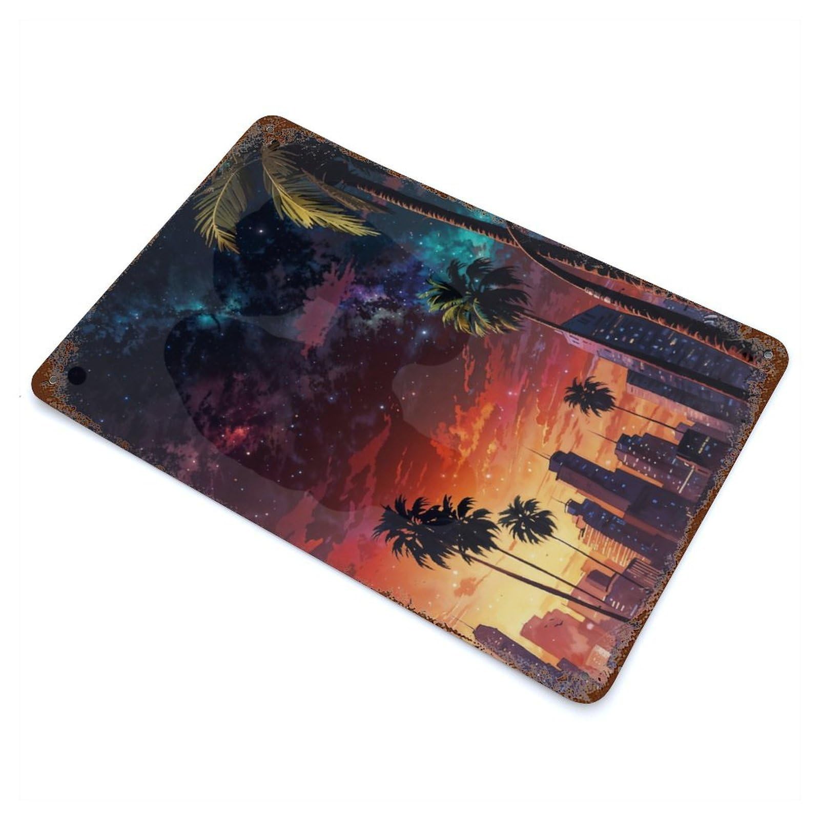 Distressed Metal Wall Sign City Lights at Dusk 11.8"x7.9", Vintage Wall Decor for Garage, Bar And Workshop Decor