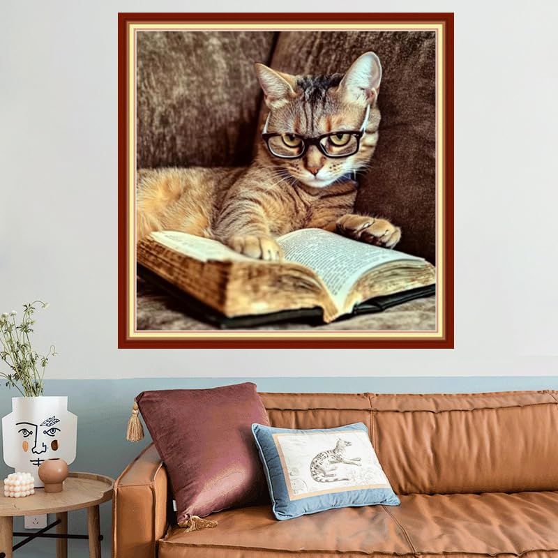 Image of Joyhoor Stamped Cross Stitch Kits for Beginners Needlepoint Kits for Adults Embroidery Kits 11CT Counted Cross Stitch Kits Printed Embroidery Pattern-Cat Reading 18x18 inchs