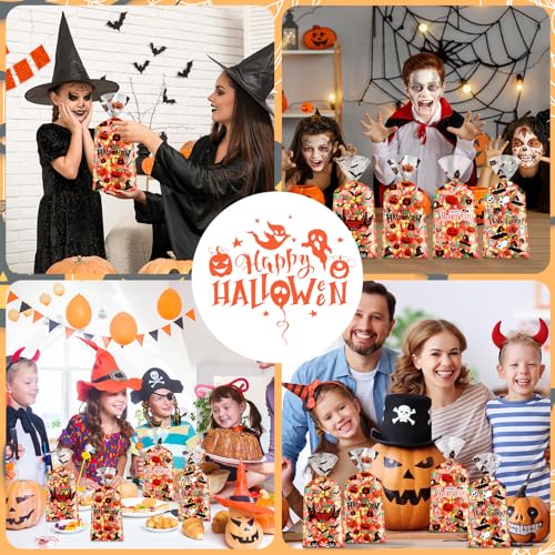 100 Pcs Halloween Treat Bags Happy Halloweens Goodie Bag Plastic Halloween Pumpkin Celloph - image 7