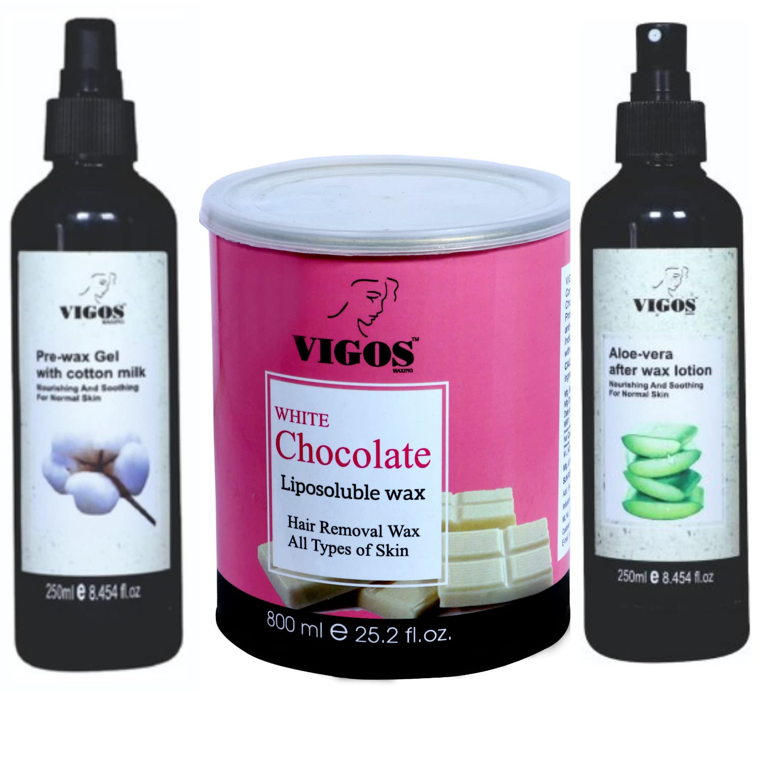 Vigos White Chocolate Liposoluble wax (800ml) Body waxing kit & Cotton Milk Pr-Gel wax (250ml) & Aloe Vera After wax Lotion (250ml) (Pack of 3))