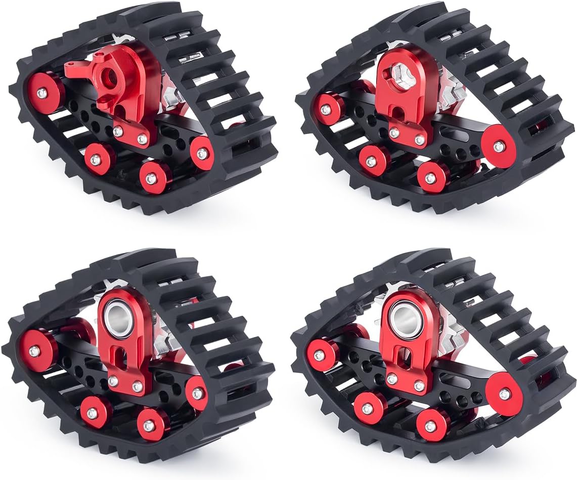 1/24 RC Snow Track Wheels Set, Aluminum & Rubber Tracked Conversion Kit, 4PCS Tracked Wheels for SCX24-Style RC Crawlers (Red)