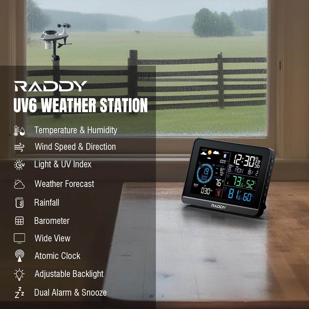 Raddy UV-6 Estación Meteorológica Profesional con Pantalla VA de 6" y Sensor Exterior, Termohigrómetro Inalámbrico Interior/Exterior, Reloj Atómico, Índice UV y Luz, Anemómetro, Pluviómetro