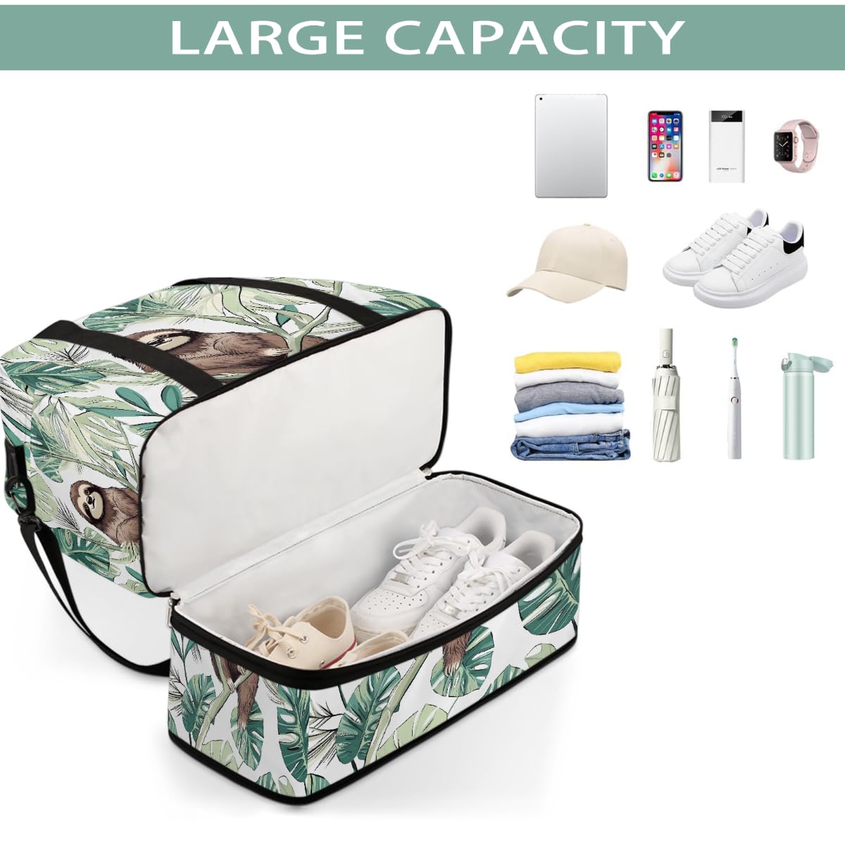 Borsone da viaggio pieghevole con foglie di palma bradipo, borsa da palestra espandibile con scomparto per scarpe, borsa da weekend di grande capacità, borsa da portare con sé, per viaggi, sport