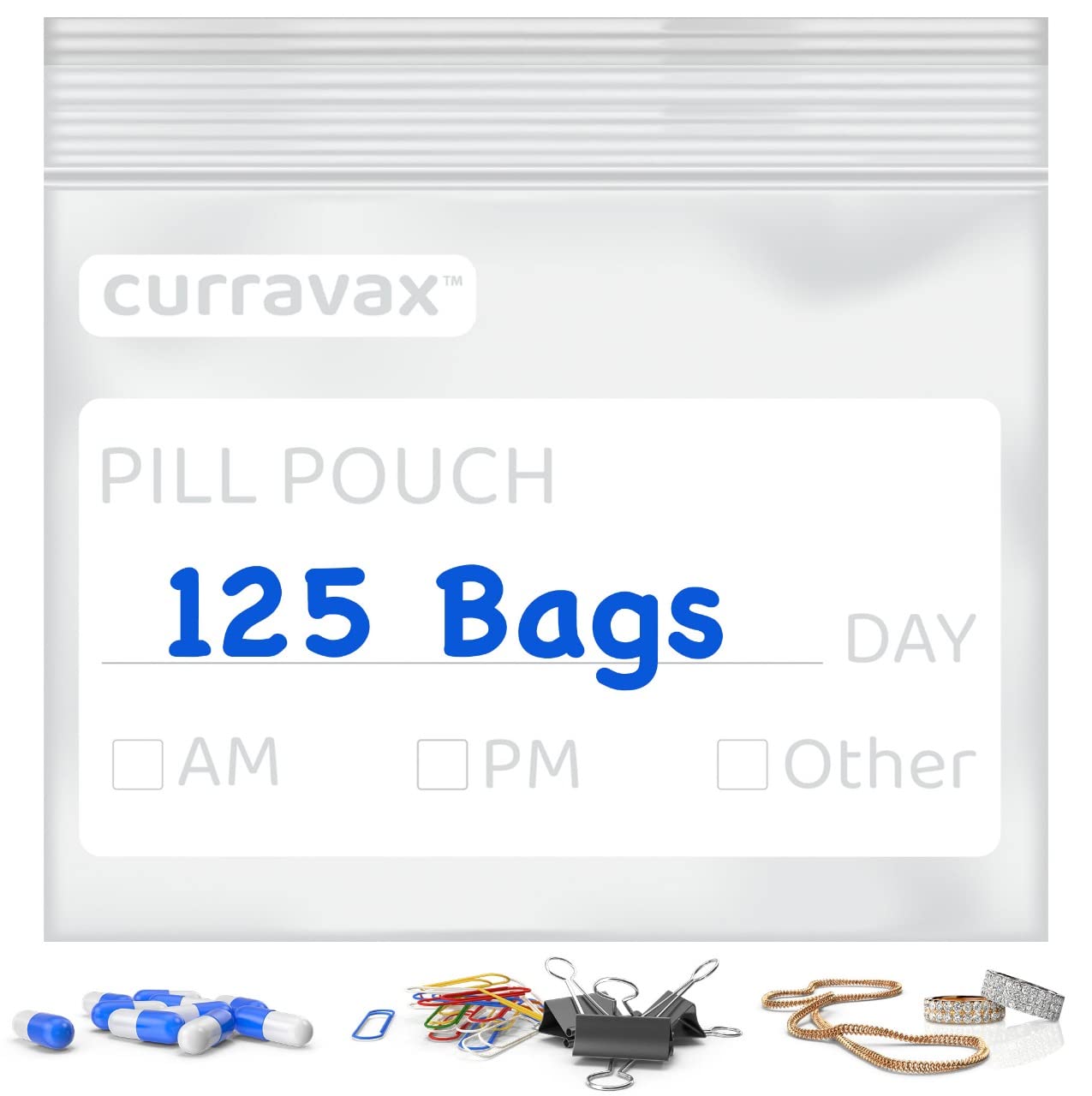 CURRAVAX Pill Pouch Bags for Travel Pack of 125- BPA Free 3 x 2.75 inch Pill Pouch - Pill Pouches for Medicine with Write on Label –Clear Ziplock Pill
