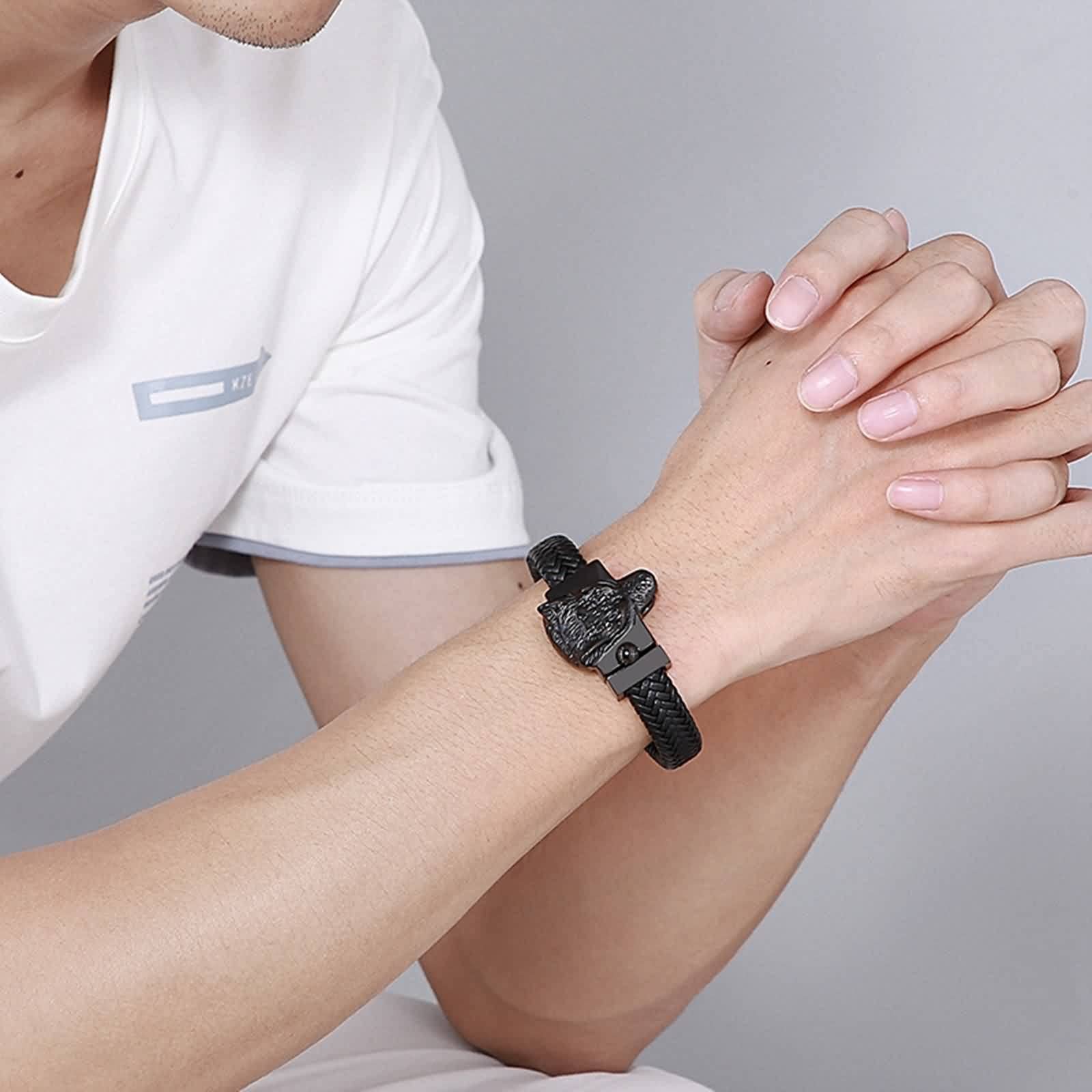 Bracelet Moderne, Bracelet Homme Loup Acier Inoxydable Cuir Tête de Loup de Mode Cool Bijoux Cadeau