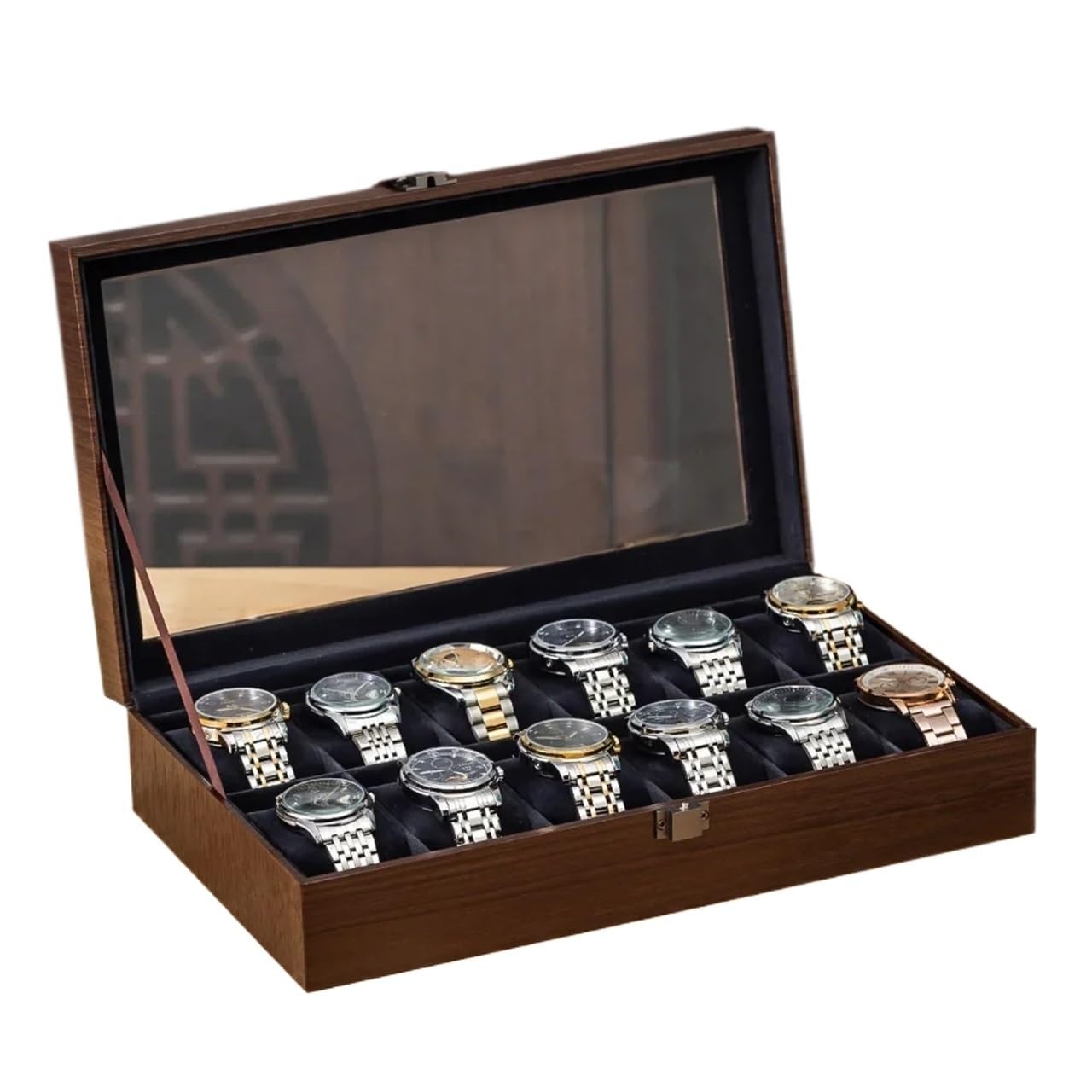 SHENJMAI Watch Box Walnut Wood Grain Multifunctional Storage Box Organizer Case for Watches Jewelry Sunglasses Accessories