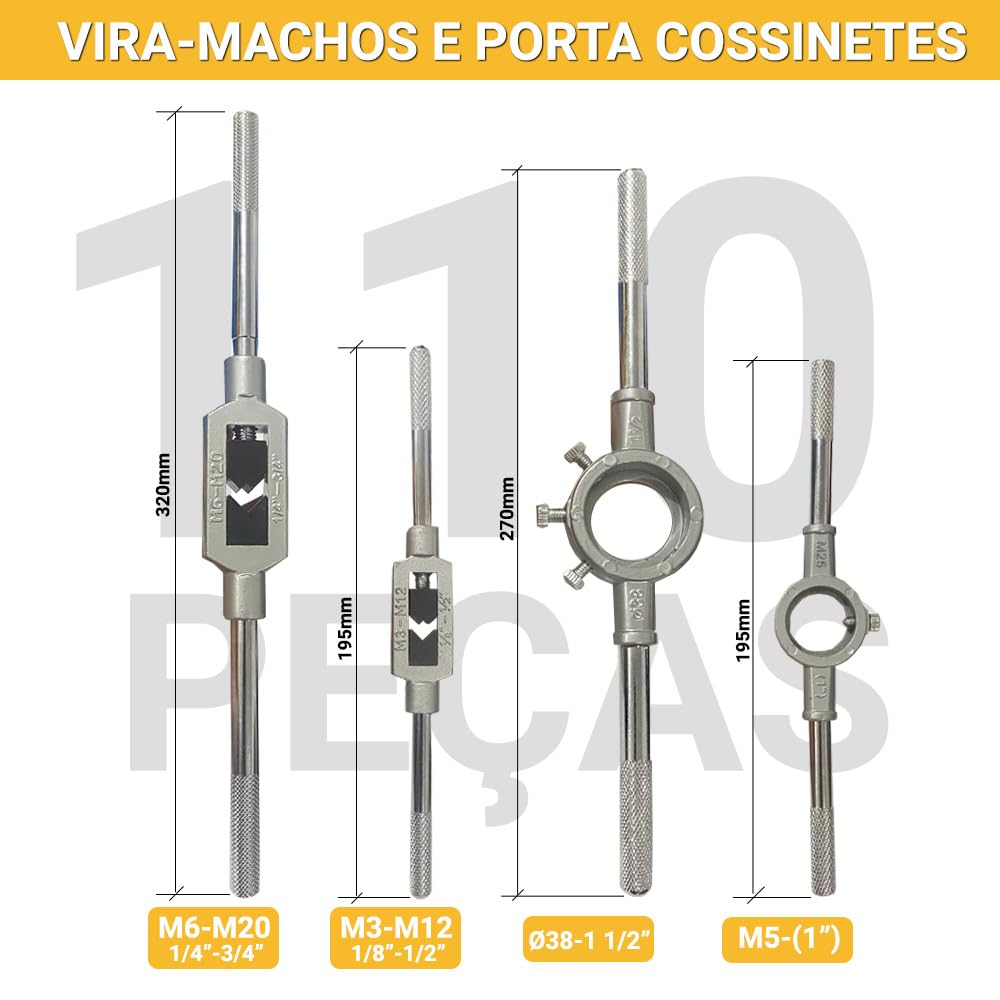 Jogo Kit Macho Tarracha Cossinete 110 Peças Rosca Interna Externa