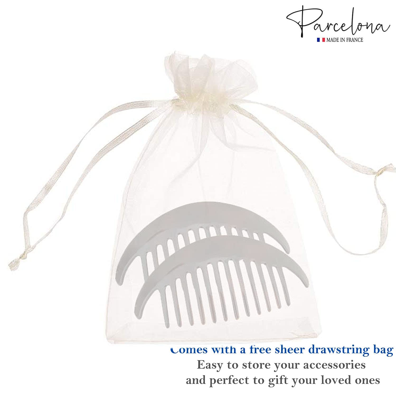 Parcelona French Alice Tortoise Shell Brown Large 3 3/4" Set of 2 Celluloid Acetate Flexible Strong Hold Interlocking No Slip 12 Teeth Side Hair Comb for Women and Girls, Made in France