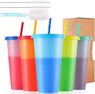 Color Changing Cups, 24oz 5 Reusable Cold Drink Cups BPA Free with Lids and Straws Summer Coffee Tumblers Party Cup for Adults