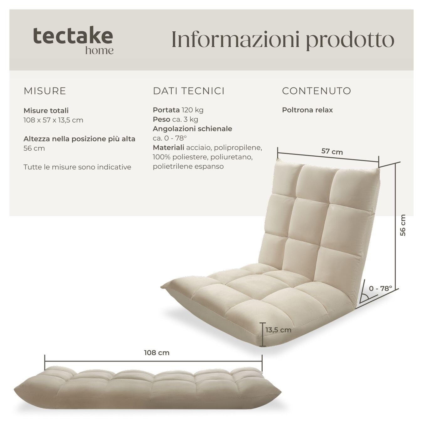 tectake® Poltrona Relax in Velluto, Poltrona Regolabile in 14 Posizioni, Imbottitura Spessa, Rivestimento Lavabile, Telaio in Acciaio, Ideale per Salotto, Camera da Letto, Ufficio - Beige