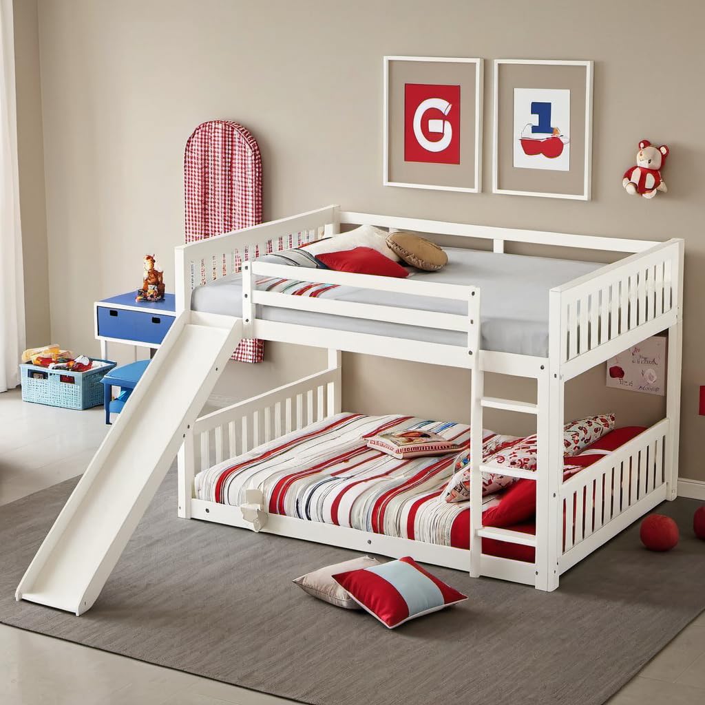 PVWIIK Full Over Full Bunk Bed with Slide & Ladder for Kids Bedroom,Wood Bed Frame with Safety Rails & Headboard and Footboard,No Box Spring Needed,White