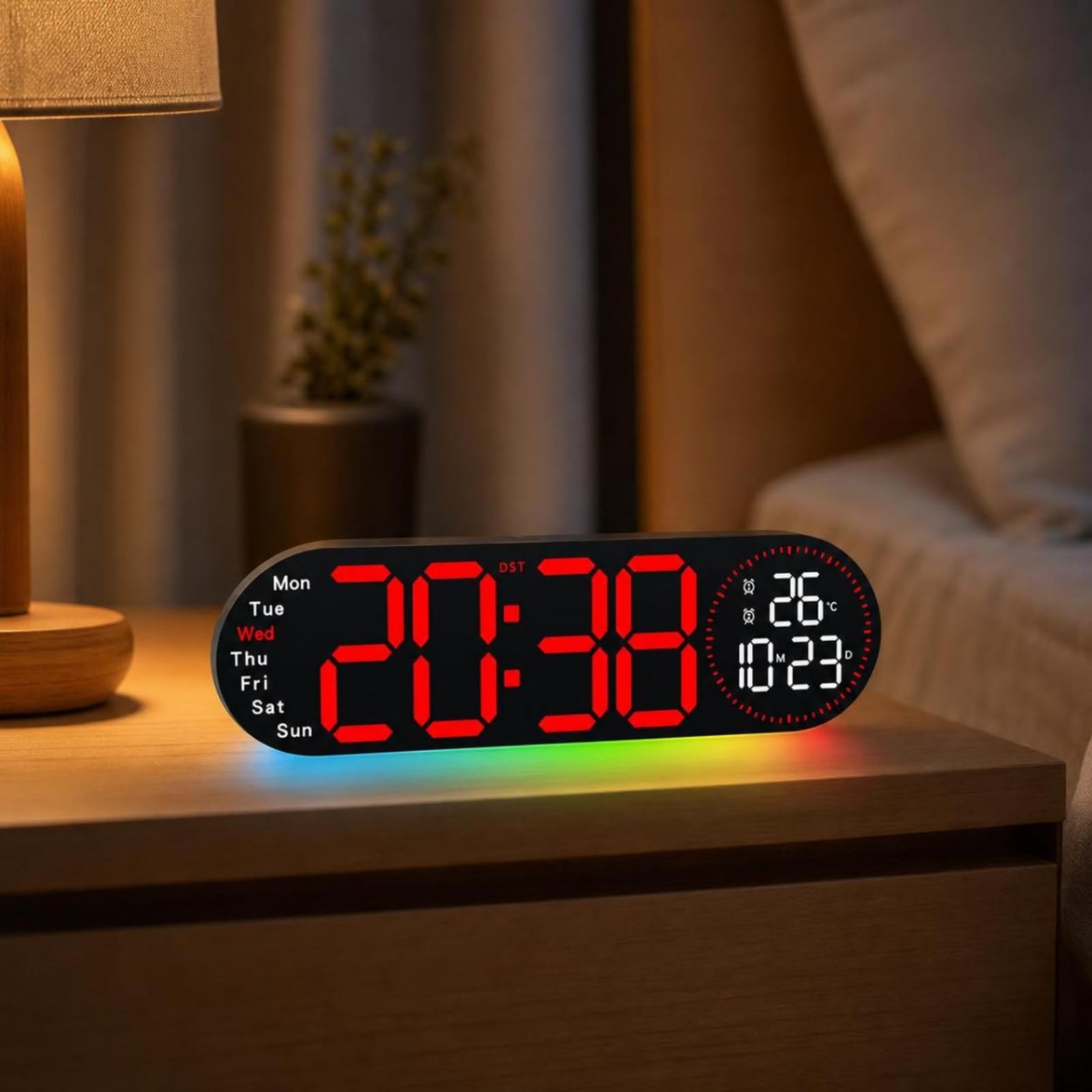 Colcolo Reloj Digital de Pared con Números Indicador a la Izquierda y Temperatura con Fecha a la Derecha Luz Ambiental Discreta y Carcasa de Plástico y PVC, Azul