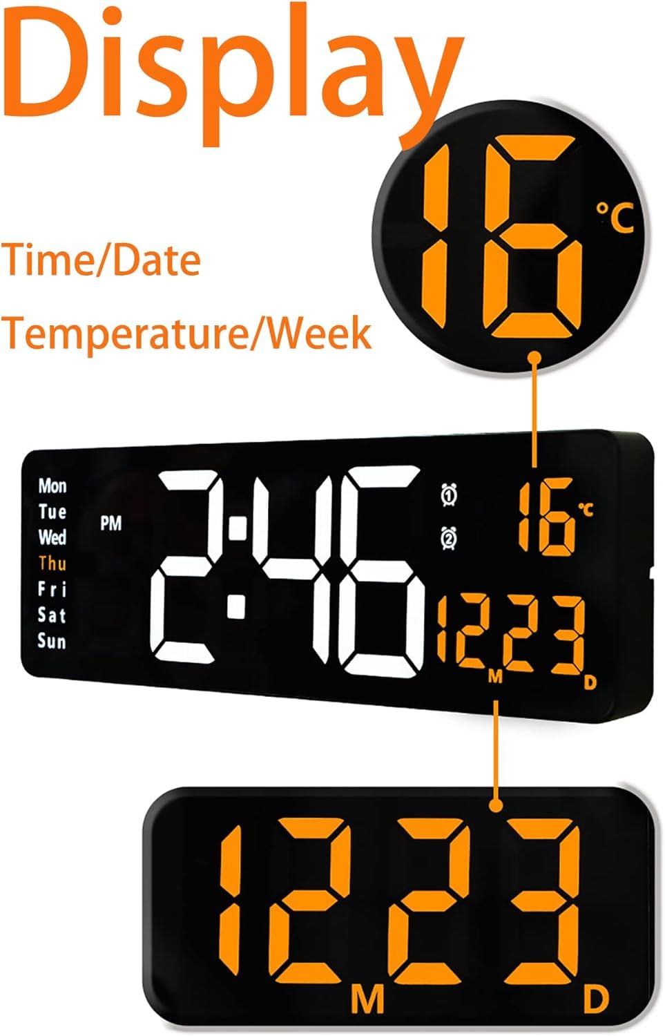 Reloj de pared LED, pantalla digital de 16 pulgadas con control remoto, función de temporización, ajuste de brillo y modo de memoria para uso doméstico u oficina