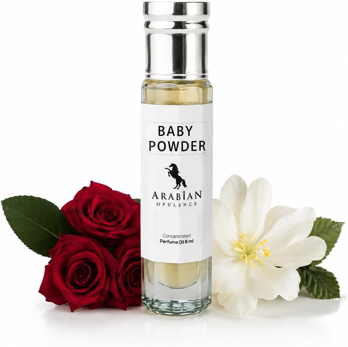 Arabian Opulence Baby Powder Perfume Oil Roll On for Women and Men โ Long Lasting Alcohol Free Fragrance Body Oil โ Soft Powdery Musk, Floral & Amber Scent โ Concentrated Travel Size, 6 ml