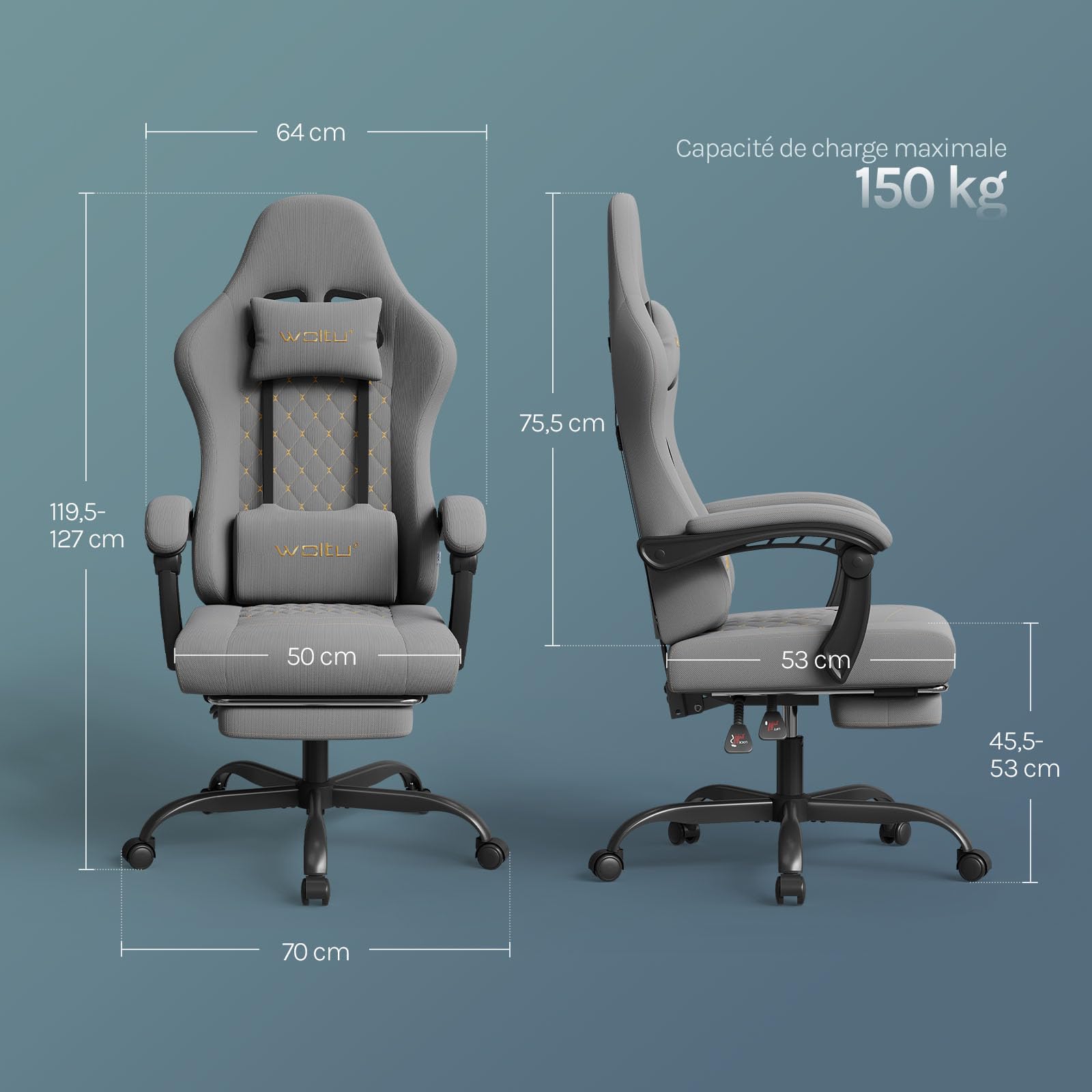 WOLTU Chaise Gaming Massante, Chaise Bureau Ergonomique, avec Coussin à Ressorts, Soutien Lombaire Massant, Appui-tête, Repose-Pieds, Tissu Maille, Charge 150kg, Gris+Jaune