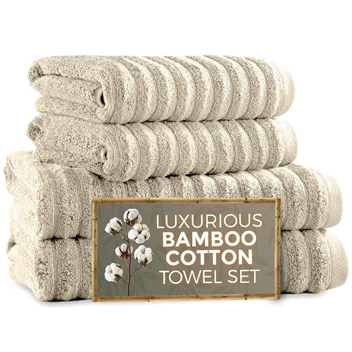 Towelogy 4-Piece Bath Towel Set – Quick-Dry, Highly Absorbent Bamboo-Cotton Blend – Ecofrienldy Choice for Everyday Use | 2 Bath Sheets (90x140cm) & 2 Hand Towels (50x80cm) (4, Beige)