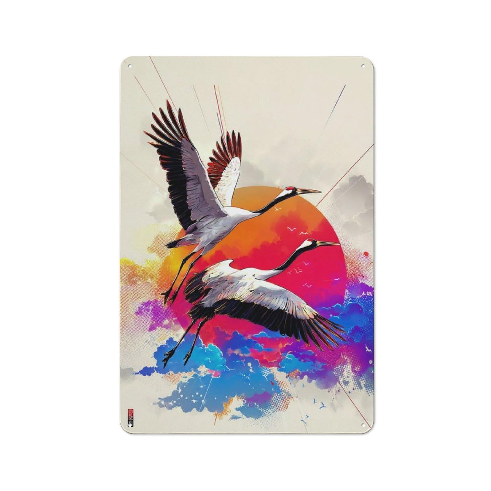 Junmoney Colorful Sunset Flight Crane Artwork Cafe Style Metal Wall Decor 30X20cm, Vintage Metal Sign For Coffee Bar, Small Shop Or Dining Room