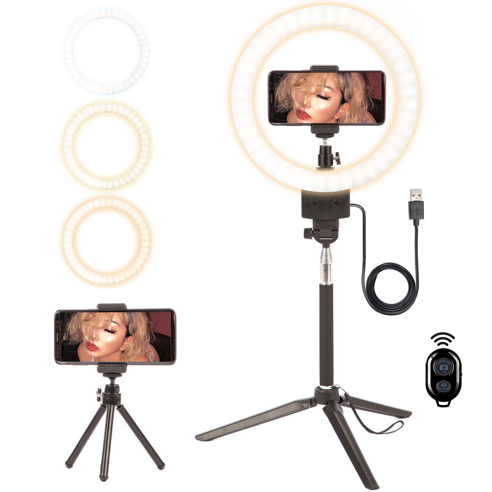Luce ad anello per selfie con treppiede e supporto per telefono, luce ad anello LED da 9 pollici dimmerabile, 4 modalità di illuminazione e 11 livelli di luminosità per trucco, streaming live