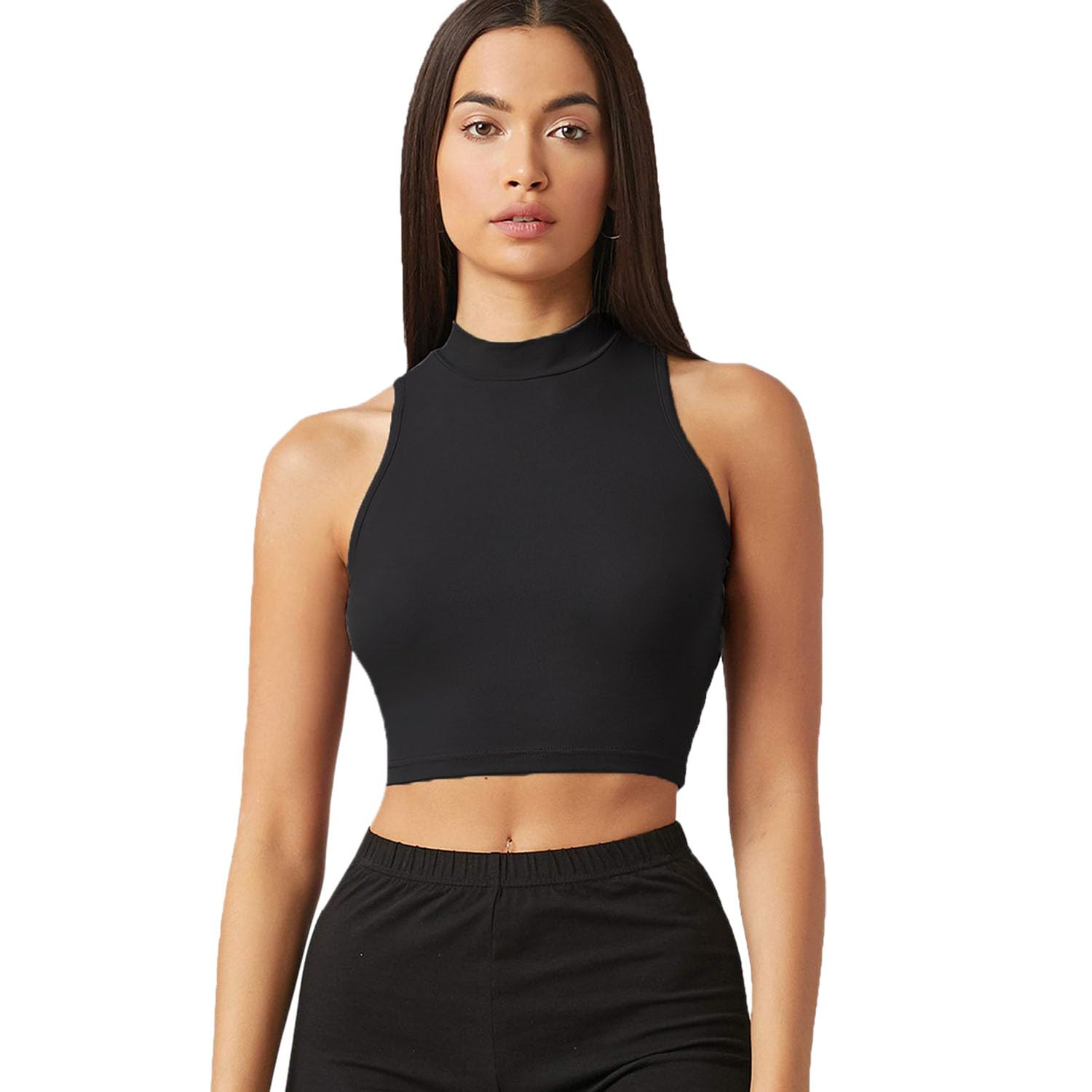 brand flex Women's High Neck Crop Top Sleeveless Racer Back Basic Workout Tank Tops Shirt-picture-32