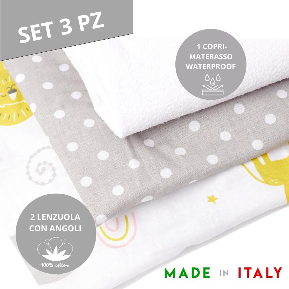 FlyIdeas Set 2 Lenzuola Navicella Neonato 75x35 cm + 1 Coprimaterasso Carrozzina Impermeabile – 100% Cotone – Traspirante, Morbido, Adatto per Culla e Passeggino (Elefantini)
