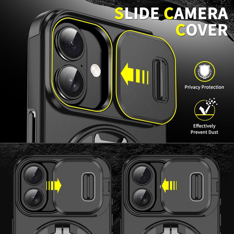 Image of LuxuryKase Shockproof Rugged Case for iPhone 17 | Slide Camera Cover | 360 Rotating Ring Kickstand | Military-Grade Protection - Matte Black