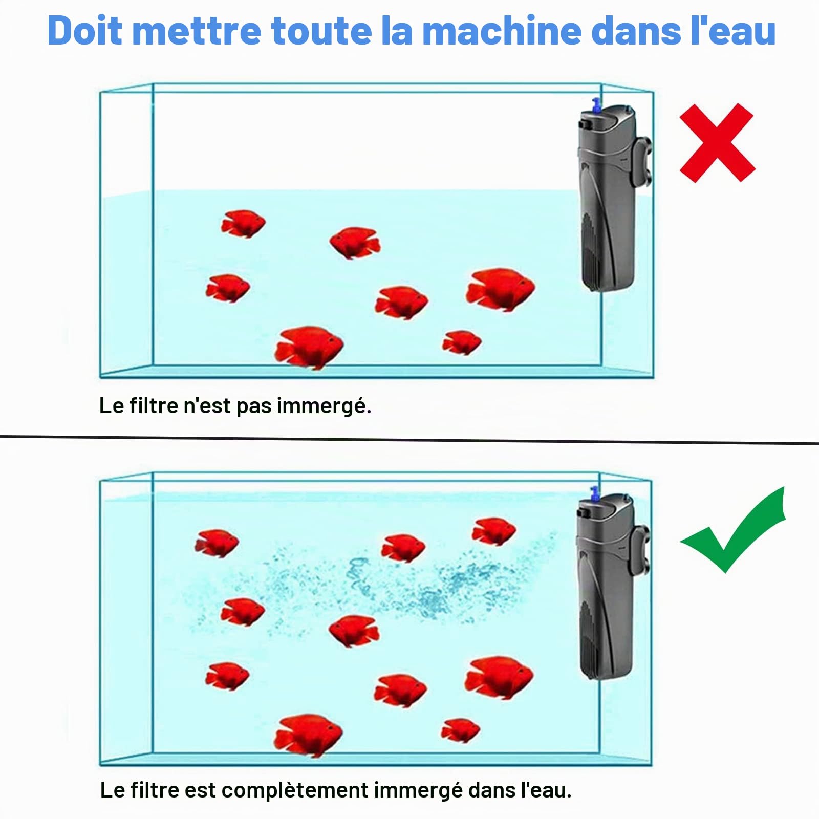 Coospider 4 en 1 U-V Aquarium Filtre JUP-01 pour 150-300L Réservoir Submersible Aquarium Filtre Pompe Greenalgue Cleaner avec 1 Ampoule de Rechange + 2 éponges de Filtre de Remplacement 800L/h 9 Watt