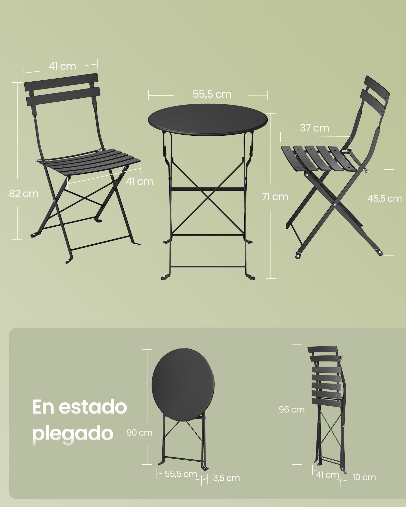 SONGMICS Juego de Jardín de Exterior, 3 Piezas, 2 Sillas y 1 Mesa, Plegable, Salón de Exterior, Acero, Resistente a la Intemperie, para Balcón, Terraza, Negro Tinta GGF036BZ01
