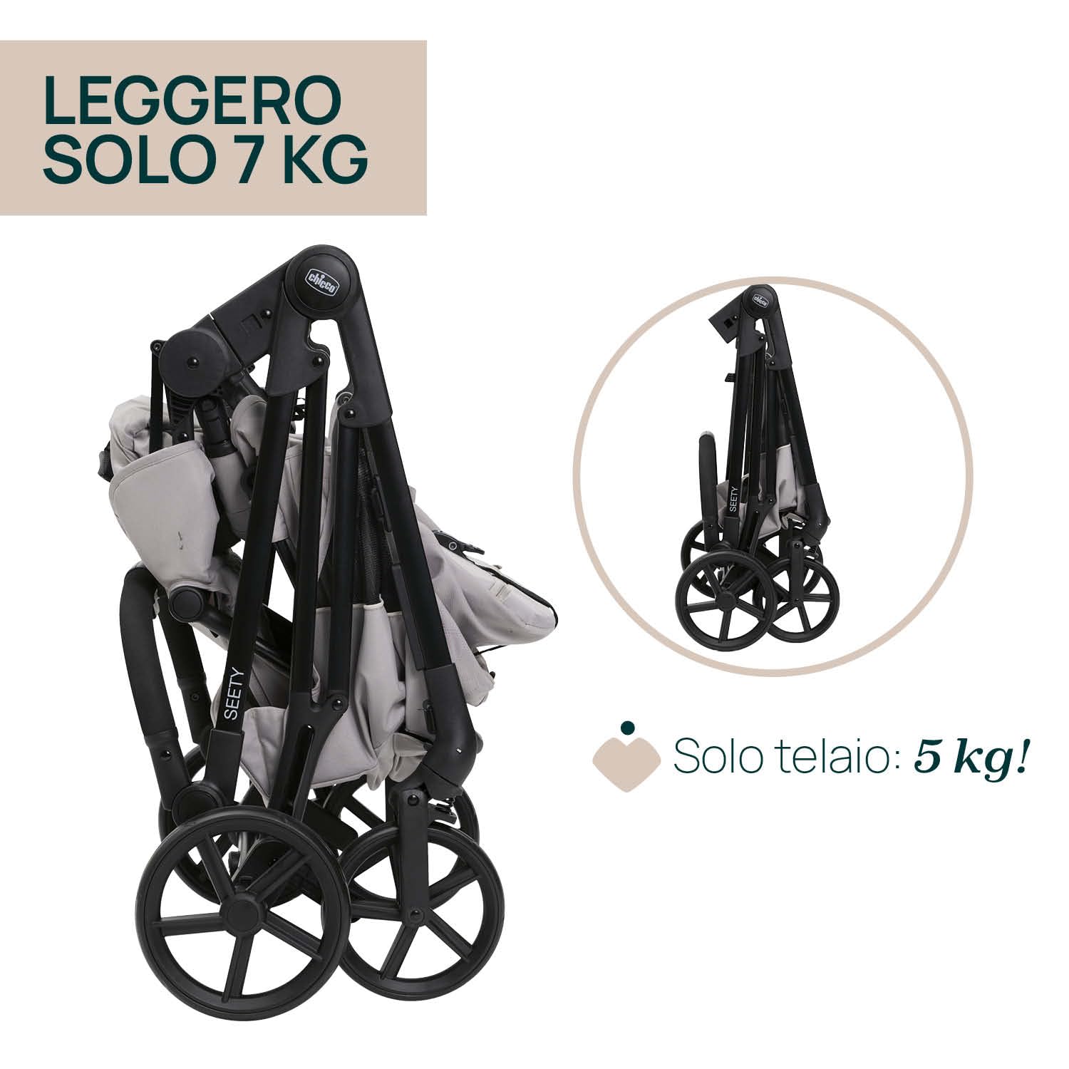 Chicco Passeggino Seety, Passeggino Leggero e Compatto Da 0 Mesi a 4 Anni, Portata Max 22kg, Passeggino Pieghevole, Schienale Reclinable, Chiusura Automatica in 1 Gesto, Capotte Parasole e Parapioggia