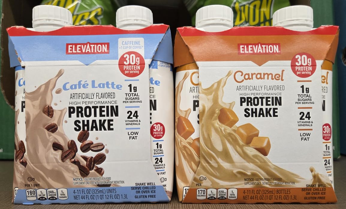 Elevation High Performance Protein Shake Café Latte and Caramel 44fl oz 1.3L (8 Bottles/2 Packs)