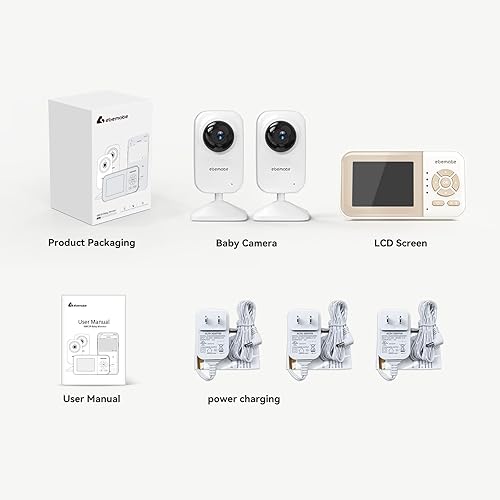 Miniatura 8 de ebemate Cámara de monitor de bebé con 2 cámaras, pantalla LCD de 2.8 pulgadas, video y audio, sin visión nocturna brillante, cámara de audio de