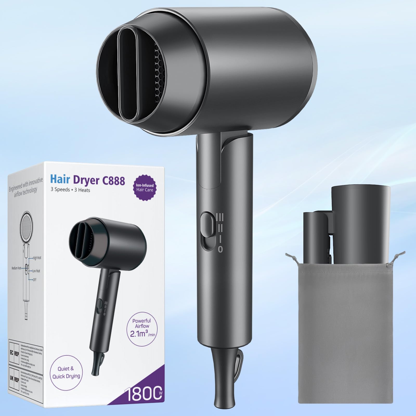 Ionen Föhn 1800W Haartrockner, Klappbar & Leichtgewicht Reisefön, Schnelltrocknen Hair Dryer, 3 Temperatureinstellungen, Haarfön Für Home-Salon & Reise