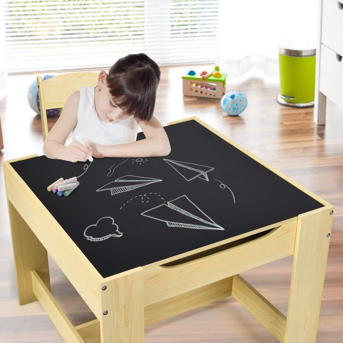 COSTWAY Table Enfant avec Chaise, Petite Table avec Tableau Amovible à 2 Faces et 2 Boîtes, Bureau Enfant avec Rangement Taille Compacte pour Chambre, École