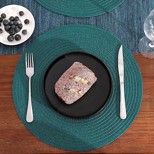 Image of SHACOS Round Placemats Set of 6 Washable 15 inch Round Table Mats Cotton Polyester Woven Braided Place Mats for Dining Table, Teal Green