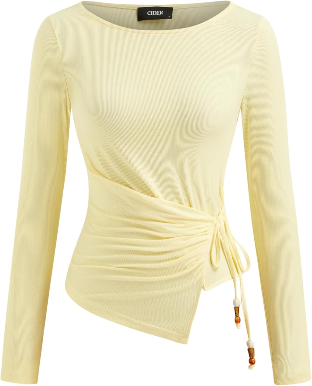 CIDER Women's Long Sleeve Top Tie Detail Casual Ribbed Shirt