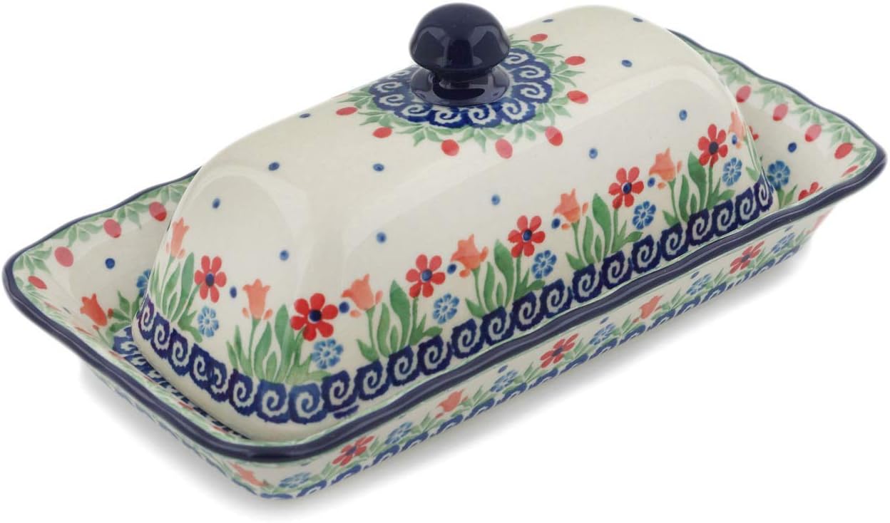 Polmedia Polish Pottery Butter Dish - Babcia's Garden Pattern Handmade in Boleslawiec Poland by Ceramika Artystyczna + Certificate of Authenticity