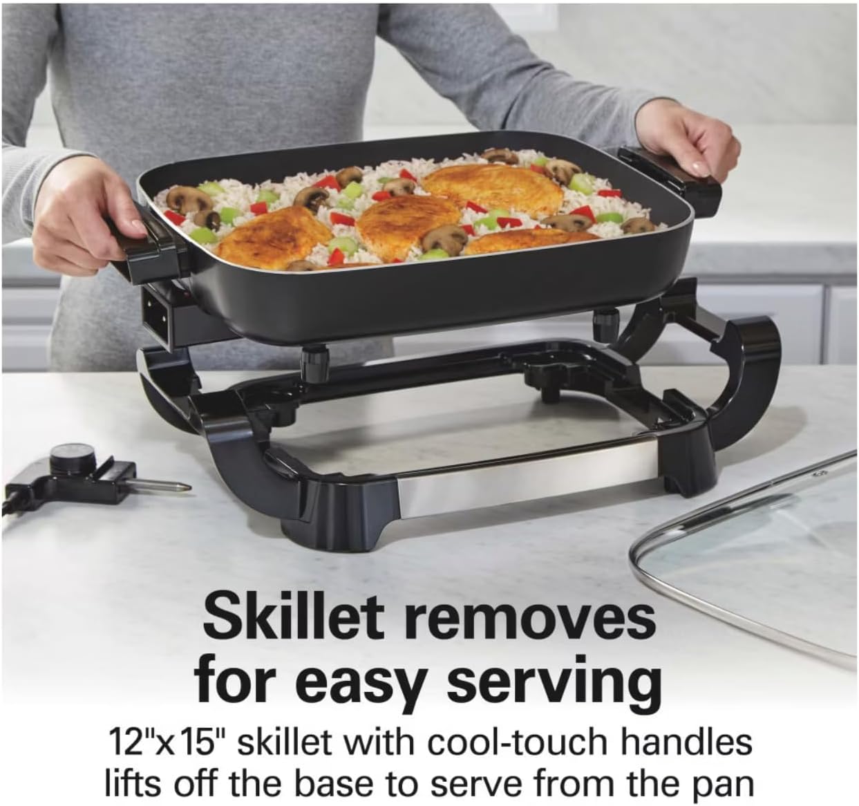 Ceramic Electric Skillet 180 Square Inch Nonstick Reversible Pan 1500W Adjustable Temp Glass Lid